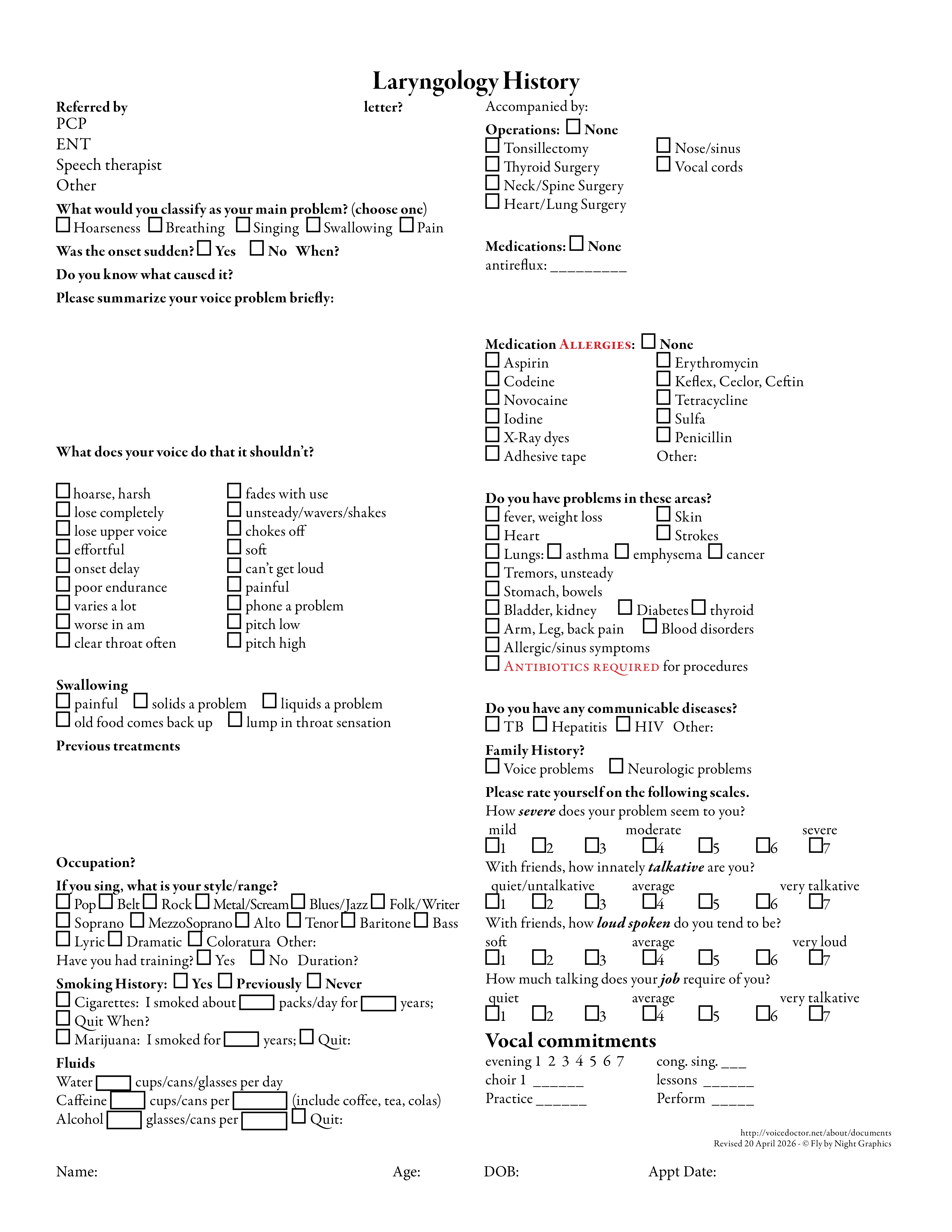 Voice history intake form — page 1 of 2