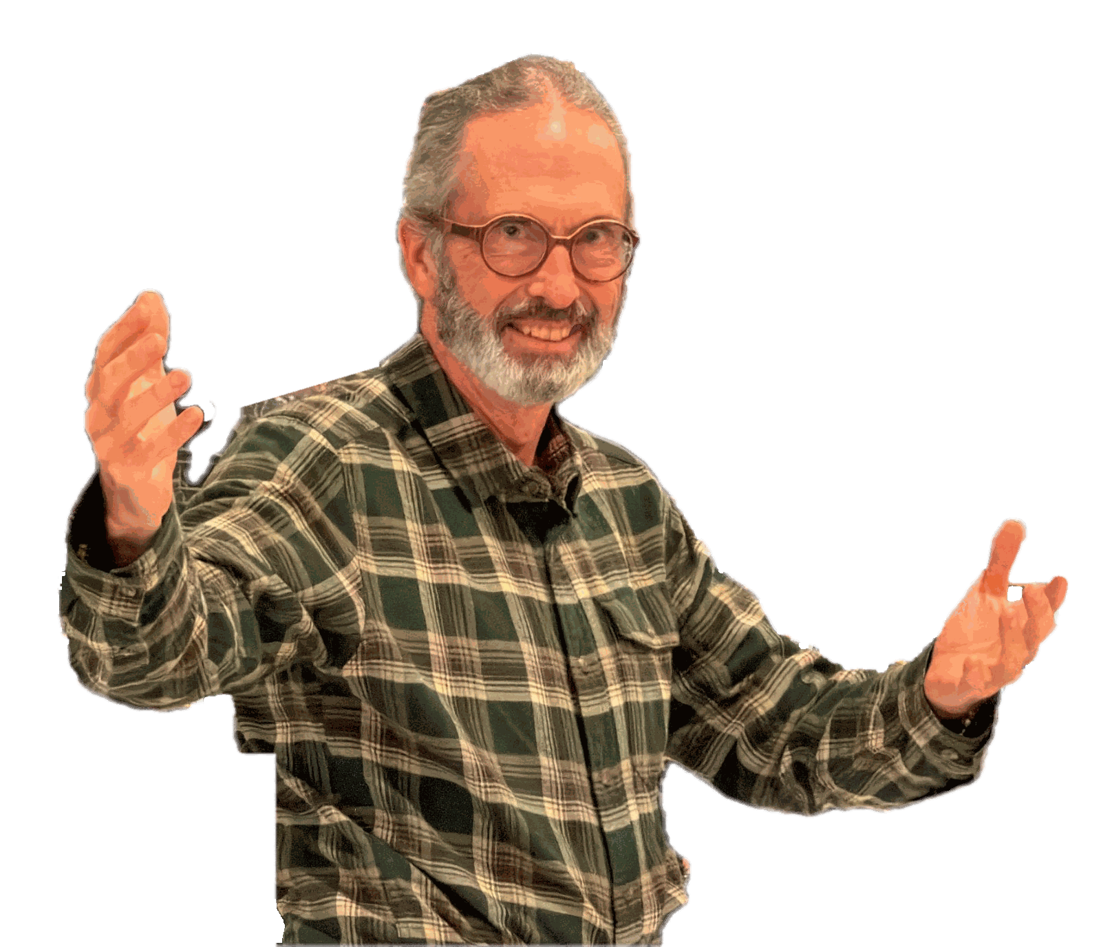 Dr. James P. Thomas, smiling, arms raised as if conducting a choir